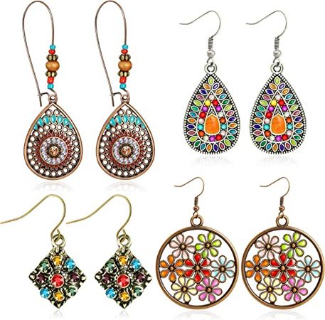 Amazon.com: MIMEIMIAI 4 Pairs Bohemian Vintage Dangle Earrings Retro Rhinestone Earrings Boho Dangle Drop Earrings for Women Girls (Style A) : Clothing, Shoes & Jewelry