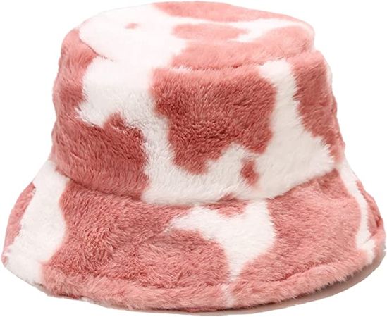 Dirholl Women's Winter Faux Fur Fuzzy Warm Bucket Hat Cow Pattern Pink at Amazon Women’s Clothing store