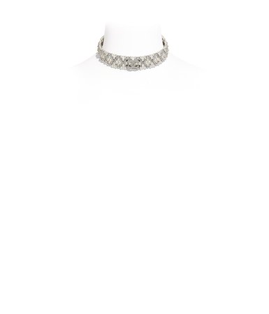 Choker, metal, glass pearls & diamantés, silver, pearly white & crystal - CHANEL
