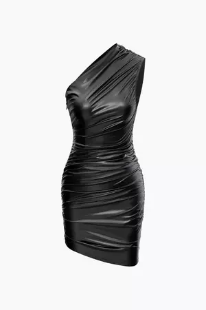 Faux Leather Asymmetric Ruched Mini Dress – Micas
