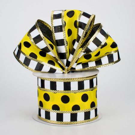 2.5" Striped Edge Polka Dot Ribbon: Black, Yellow, White (10 Yards) [RG8781AN] - CraftOutlet.com