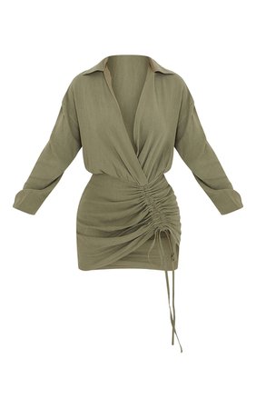 Khaki Linen Long Sleeve Plunge Ruched Shirt Dress | PrettyLittleThing USA
