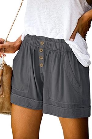 KISSMODA Women's Buttons Decor Cute Elastic Waist Summer Shorts with Pockets Solid Color Dark Gray Plus Size 3XL at Amazon Women’s Clothing store