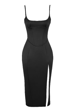 Clothing : Midi Dresses : 'Casimira' Black Satin Corset Midi Dress