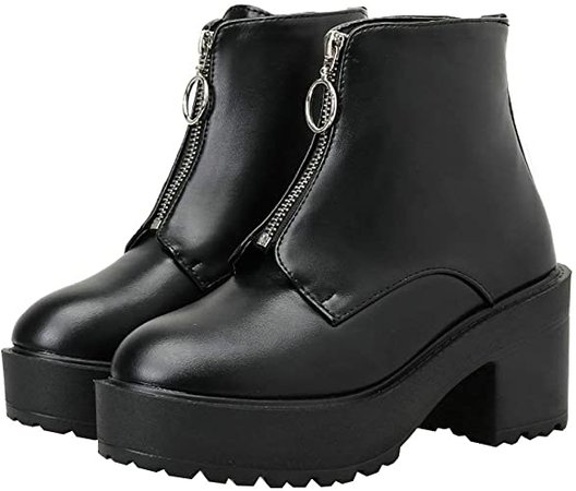 Amazon.com | Parisuit Womens Front Zipper Ankle Boots Goth Chunky Platform Combat Boots with High Heel-Black 1 1 Size 4 | Ankle & Bootie