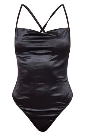 Black Satin Cowl Halterneck Bodysuit - Bodysuits - Tops - Womens Clothing | PrettyLittleThing USA