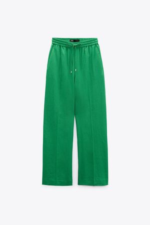 LINEN BLEND WIDE LEG PANTS - Mid-green | ZARA United States