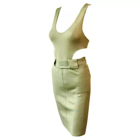 Azzedine Alaia 1990's Vintage Plunged Cutout Bodycon Green Dress For Sale at 1stDibs