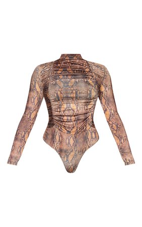 Brown Snake Print Jersey Draped High Neck Bodysuit | PrettyLittleThing USA