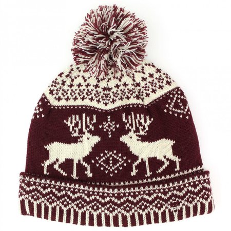Hawkins double knit bobble beanie hat with reindeer fairisle pattern - Maroon - Beanies & Bobbles - Hats
