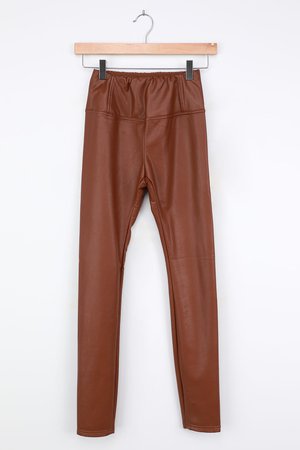 Brown Vegan Leather Leggings - Moto Leggngs - Faux Leather Pants - Lulus
