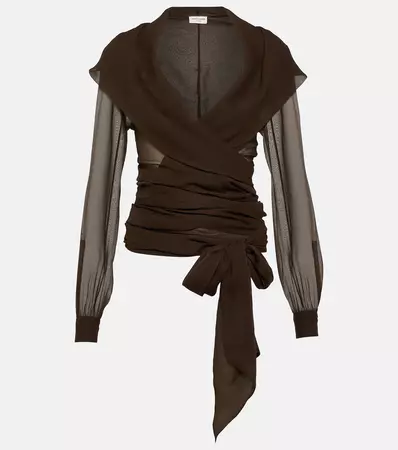 Hooded Silk Crepe Wrap Top in Brown - Saint Laurent | Mytheresa