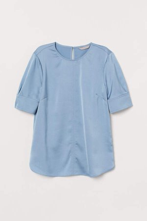 Short-sleeved Satin Blouse - Blue