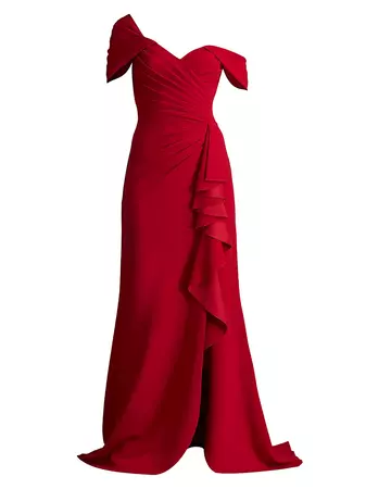 Shop Tadashi Shoji One-Shoulder V-Neck Crepe Gown | Saks Fifth Avenue