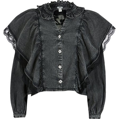 dark Grey dyed denim frill mesh blouse top | River Island
