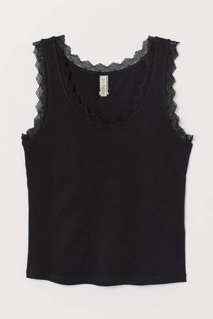 Ribbed Tank Top with Lace - Black