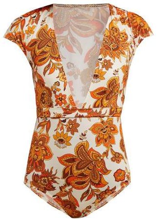 Esterika Floral Print Plunge Swimsuit - Womens - Cream Print