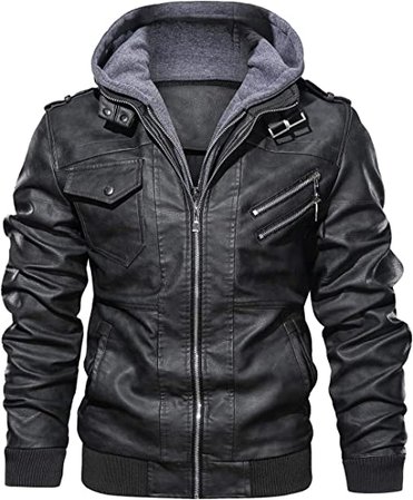 Hood Crew Men’s Casual Stand Collar PU Faux Leather Zip-Up Motorcycle Bomber Jacket With a Removable Hood at Amazon Men’s Clothing store