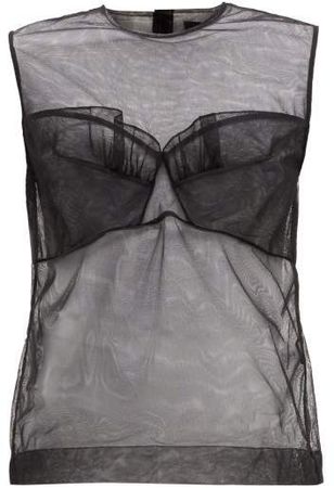 Ruffled Bustier Tulle Top - Womens - Black