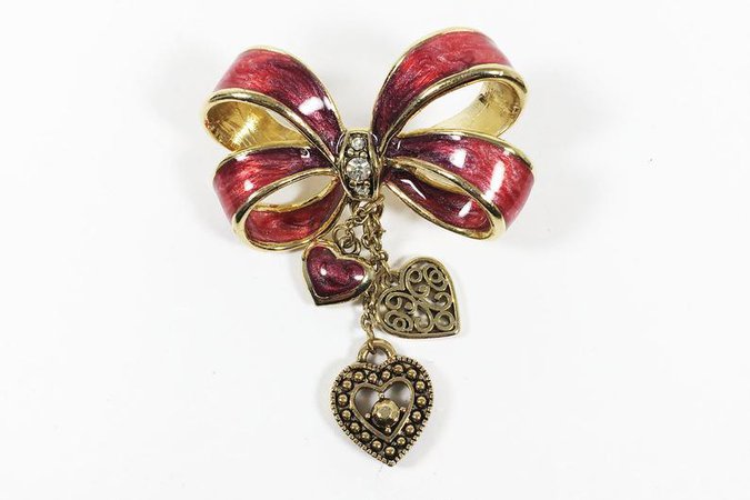 Red Enamel Ribbon & Hearts Pin Signed Monet Vintage 1980s | Etsy