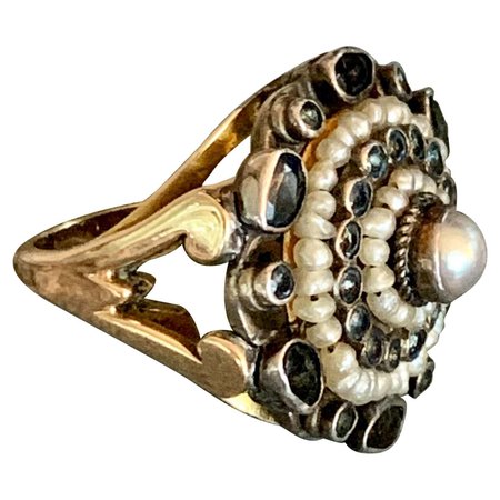 Vintage Austro-Hungarian Sapphire, Pearl and Glass Sterling and 14k Gold Ring For Sale at 1stDibs