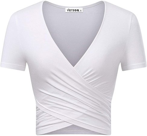 VETIOR Women's Deep V Neck Short Sleeve Unique Slim Fit Coss Wrap Shirts Crop Tops at Amazon Women’s Clothing store