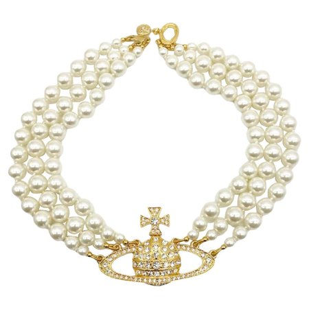 Vivienne Westwood Three Row Pearl Bas Relief Gold Tone For Sale at 1stDibs