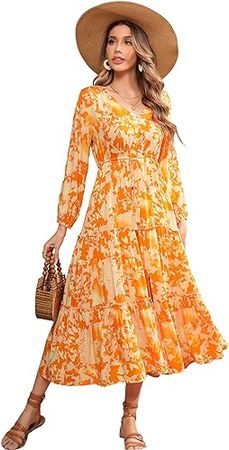 Amazon.com: R.Vivimos Maxi Dress for Women Long Sleeve V Neck Drawstring Button Up Casual Split Flowy Dress : Clothing, Shoes & Jewelry