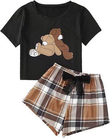 SOLY HUX Women's 2 Piece Pajama Set Cartoon Bear Graphic Short Sleeve Tee Tops and Plaid Shorts Loungewear Black Brown Multi L at Amazon Women’s Clothing store