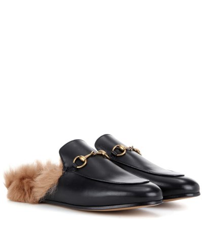 Princetown Fur-Lined Leather Slippers | Gucci - mytheresa
