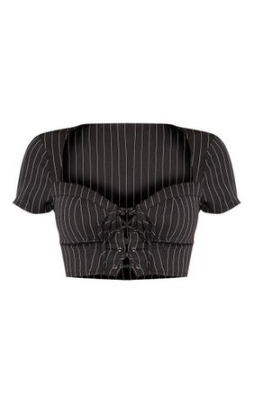 Black Pinstripe Sweetheart Neck Lace Up Crop Top