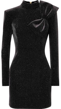 Bow-detailed Glittered Stretch-velvet Mini Dress - Black