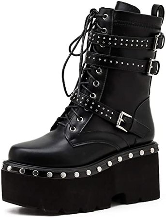 Amazon.com | CYNLLIO Fashion Wsdges Heel Platform Combat Ankle Booties Women's Lace up Studded Motorcycle Boots Mid Calf Goth Boots | Ankle & Bootie