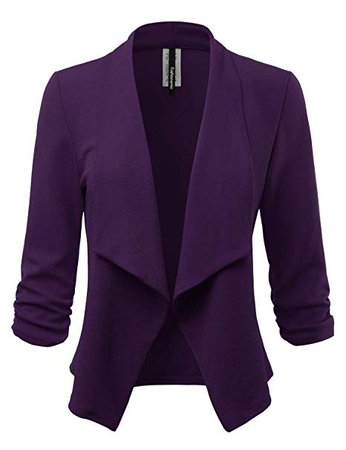 Women's Stretch 3/4 Gathered Sleeve Open Blazer Jacket (Made in USA) (CLBC001) Purple L at Amazon Women’s Clothing store: