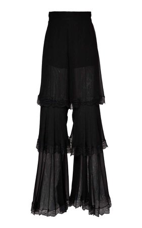 Embroidered Ruffled Silk Wide-Leg Pants