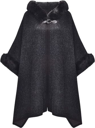 Women Winter Fashion Faux Fur Trim Layers Hooded Cardigan Warm Poncho Cape Sweater (Black) at Amazon Women’s Clothing store