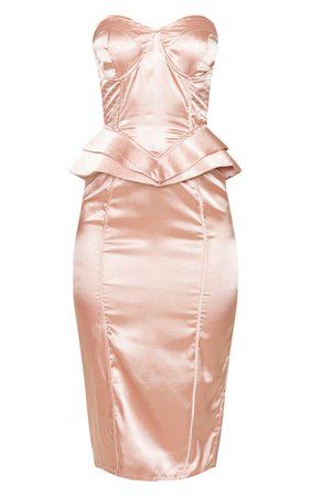 Nude Satin Corset Structured Peplum Midi Dress | PrettyLittleThing USA