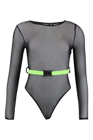 Buckle Detail Belted Mesh Bodysuit | Boohoo