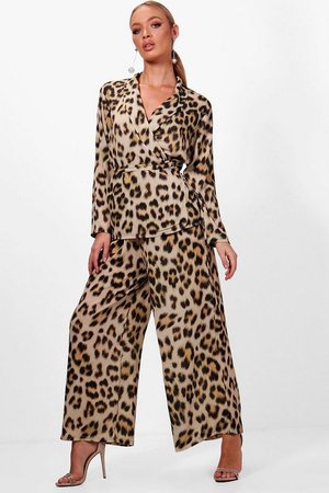 Leopard Print Wide Leg Wrap Top Co-ord | Boohoo