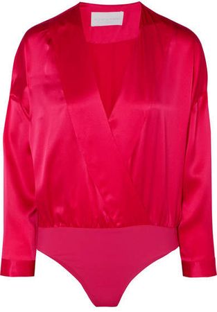 Wrap-effect Draped Silk-charmeuse Thong Bodysuit - Pink