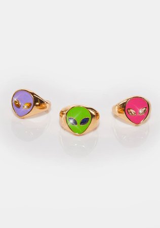 3 Piece Alien Ring Set - Pink/Purple/Green/Gold – Dolls Kill