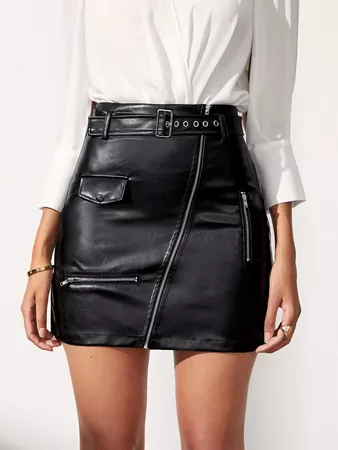 SHEIN Zipper Front Flap Detail Buckle Belted PU Leather Skirt | SHEIN USA