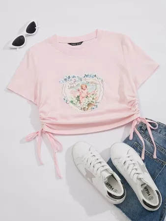 pink Angel And Letter Graphic Drawstring Side Crop Tee | SHEIN USA