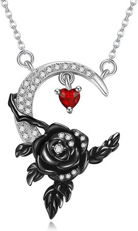 Amazon.com: HUKKUN Moon Necklace Sterling Silver Black Rose Flower Necklace for Women Gothic Necklace Goth Jewelry Gift for Girls : Clothing, Shoes & Jewelry