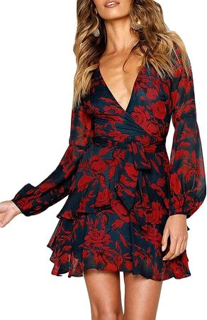 UGUEST Women Long Sleeve V Neck Dress Floral Mini Swing Party Wedding Dress with Belt Charcoal Red S at Amazon Women’s Clothing store