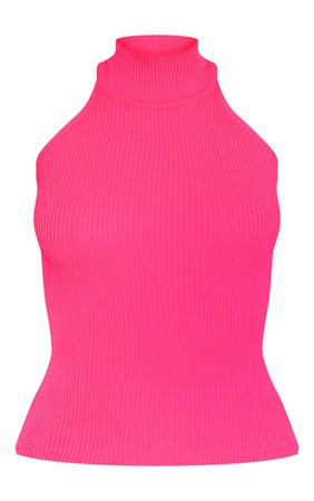 Hot Pink High Neck Knitted Sleeveless Top | PrettyLittleThing USA