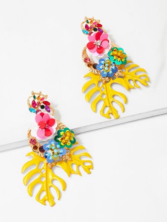 Tropical Leaves & Sequin Flower Drop Earrings 1pair | SHEIN USA