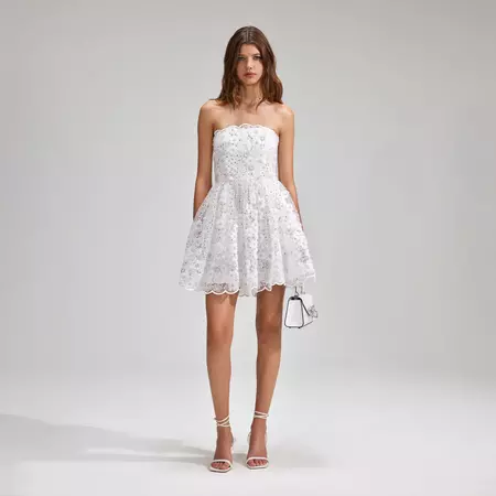 White Beaded Sequin Bandeau Mini Dress | self portrait | self-portrait-US