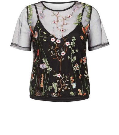 Black Floral Embroidered Mesh Top | New Look