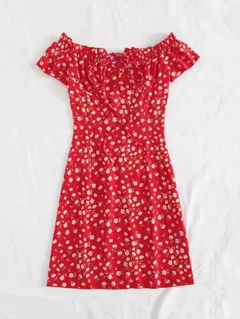 Frill Trim Tie Front Ditsy Floral Print Dress | SHEIN USA red